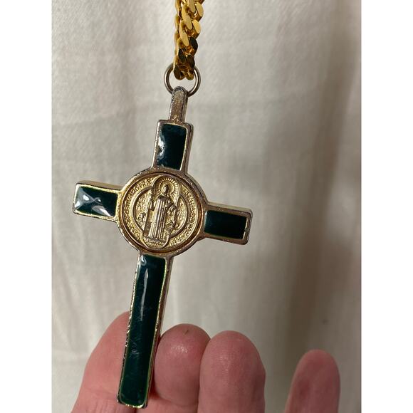 Gold tone St. Benedict Crucifix Pendant Necklace on Heavy Gold tone box chain. - Picture 15 of 16